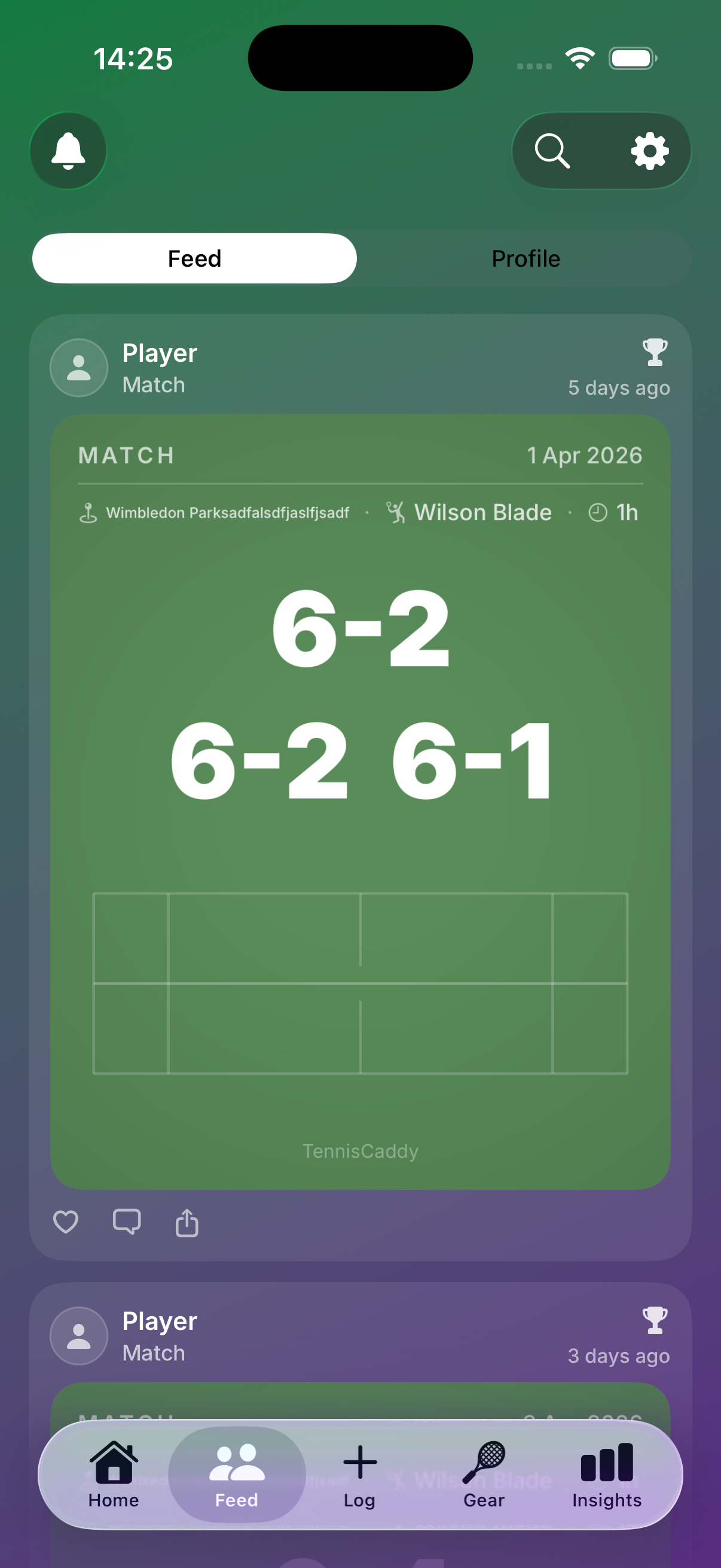 Community feed showing shared match posts and recent activity
