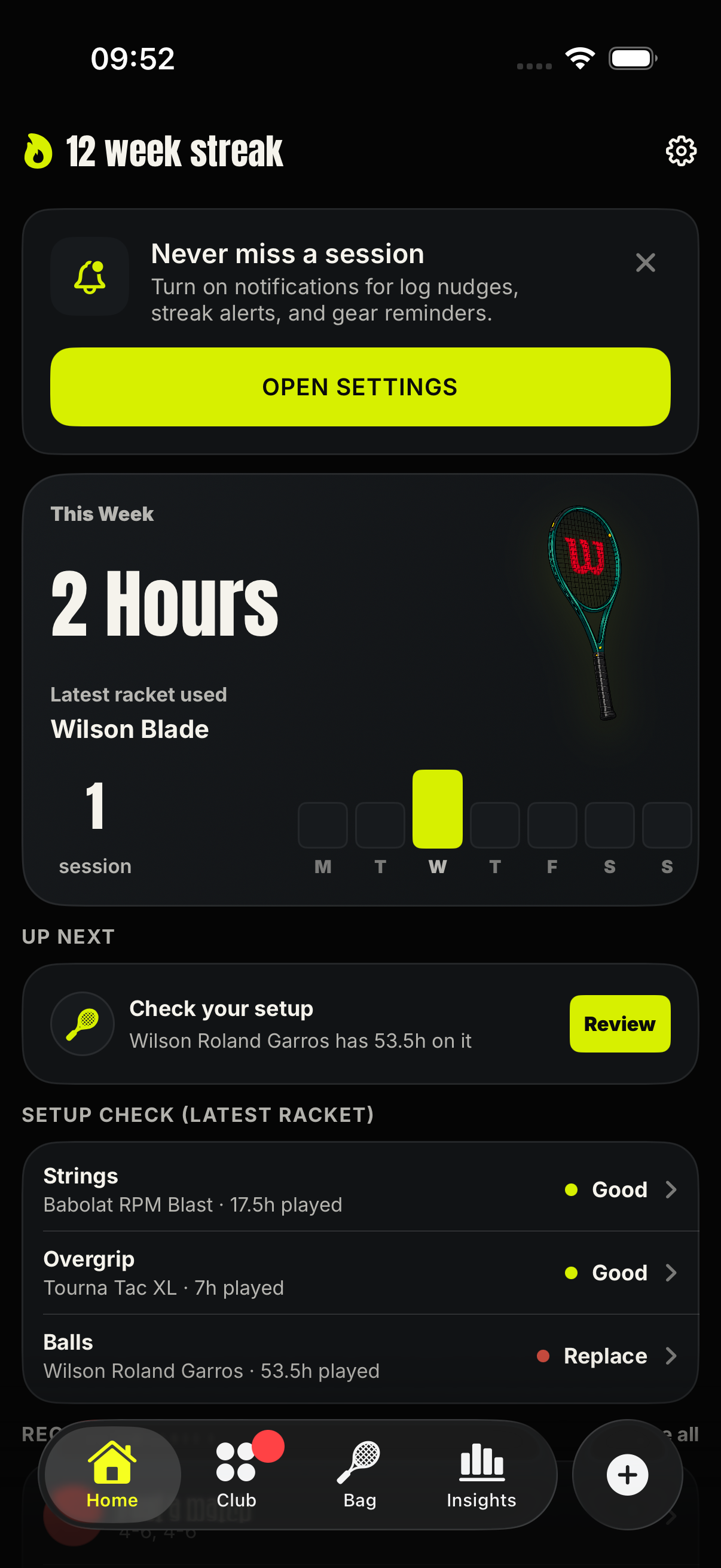 Tennis Caddy Home tab with racket carousel, weekly activity, and setup status