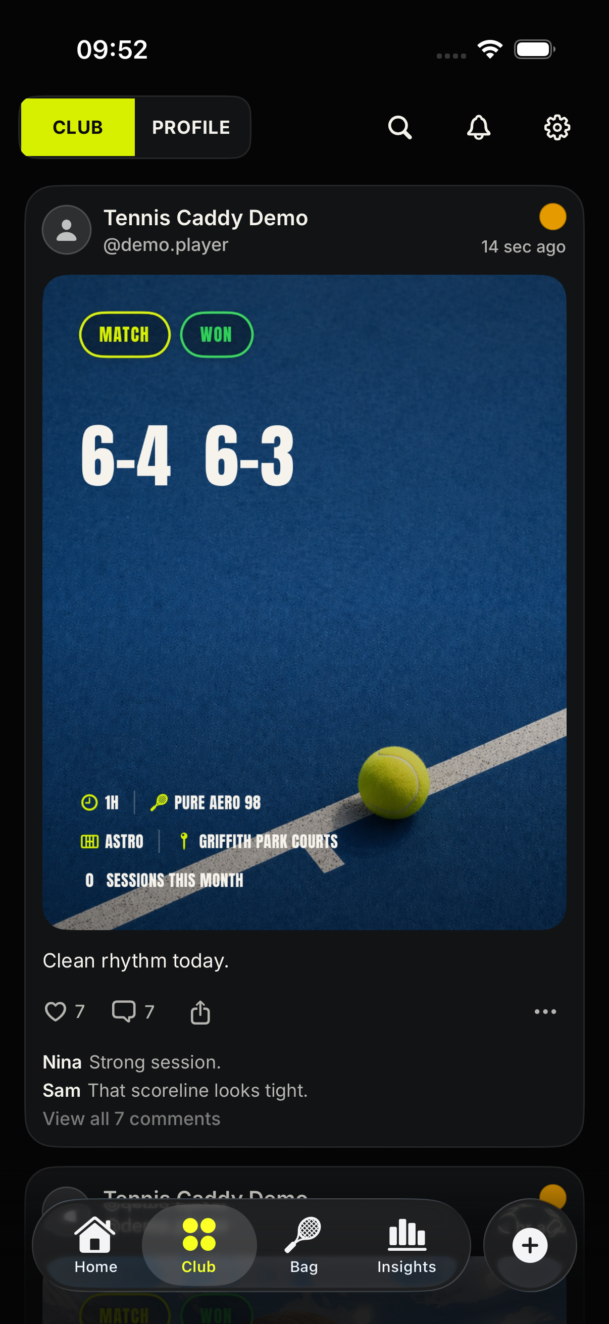 Tennis Caddy Club feed with player posts and session cards