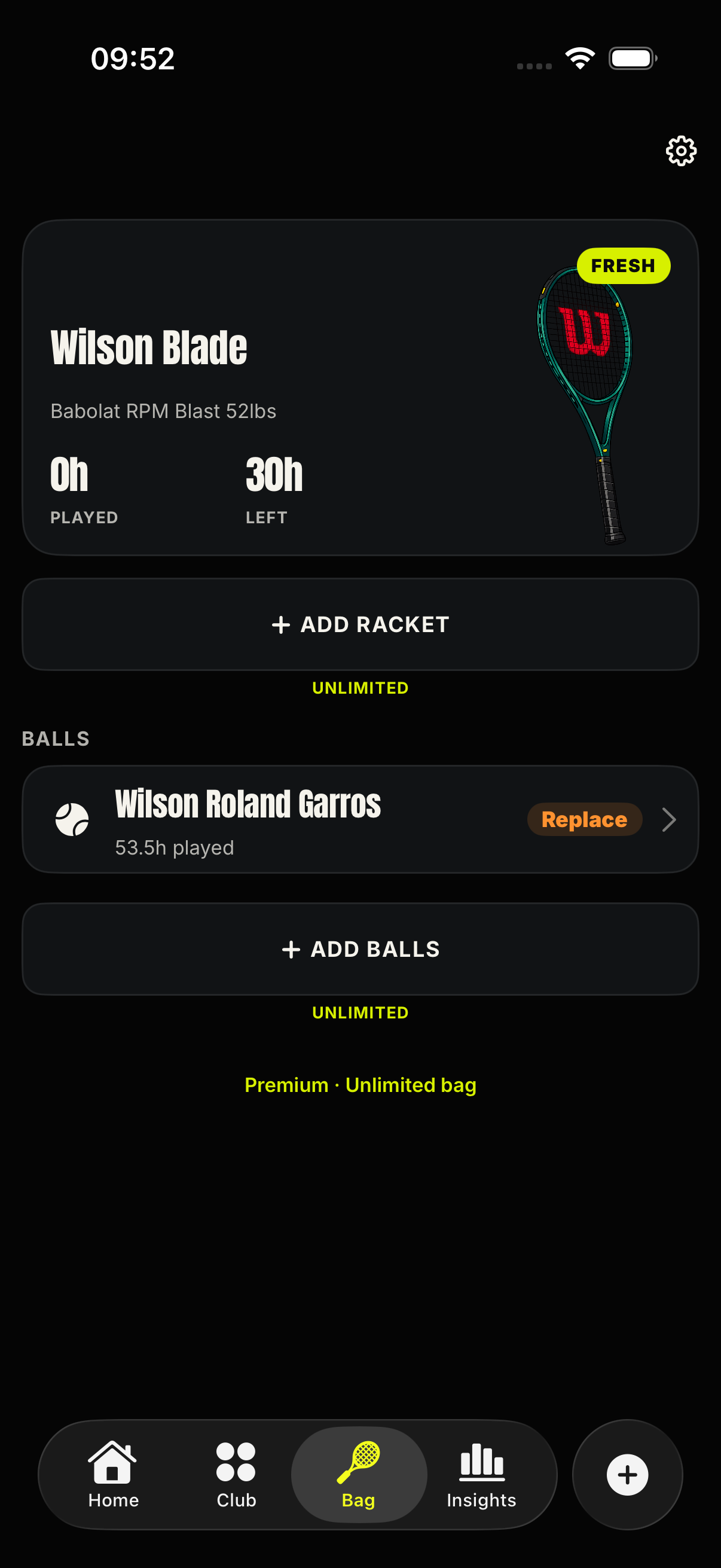 Tennis Caddy Bag tab with tracked rackets and balls