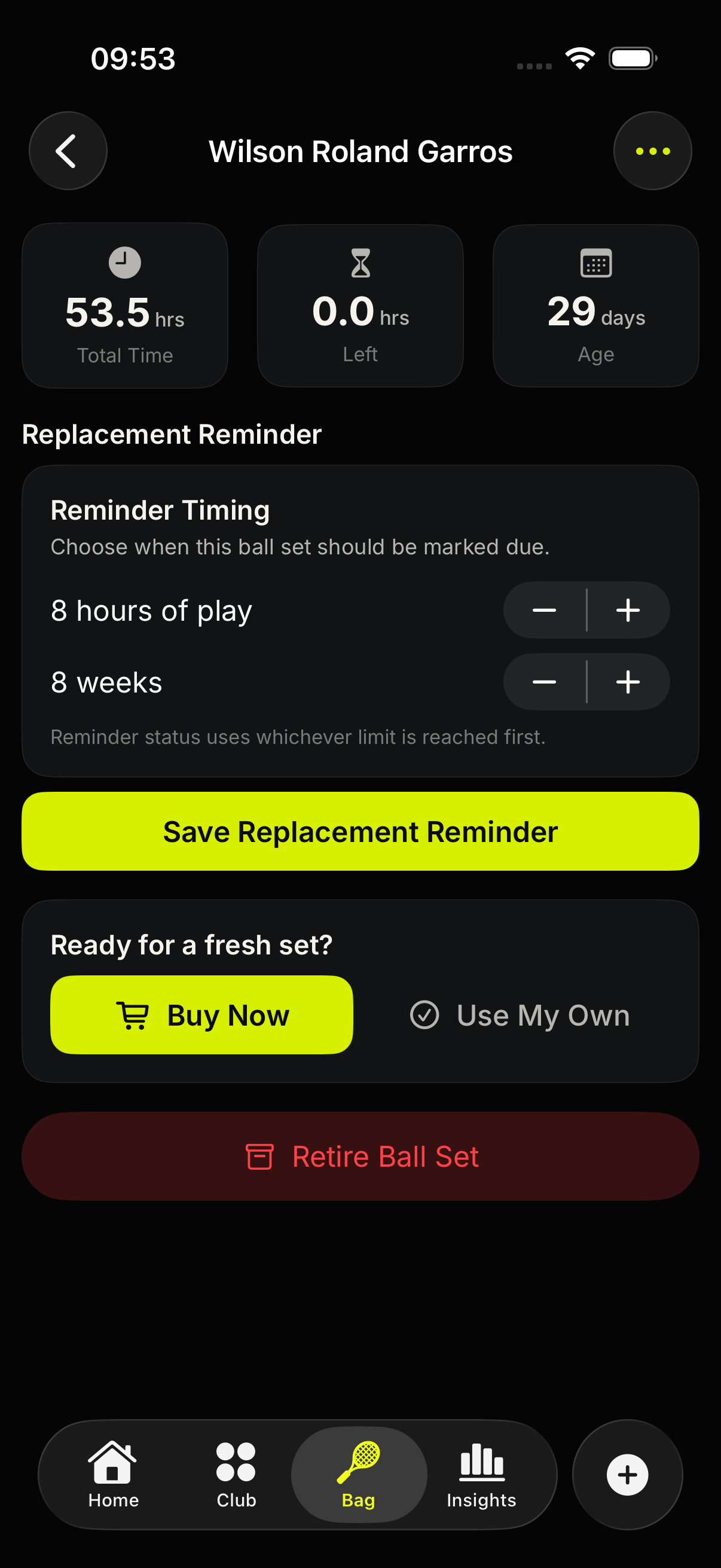 Tennis Caddy ball set detail with replacement reminder controls