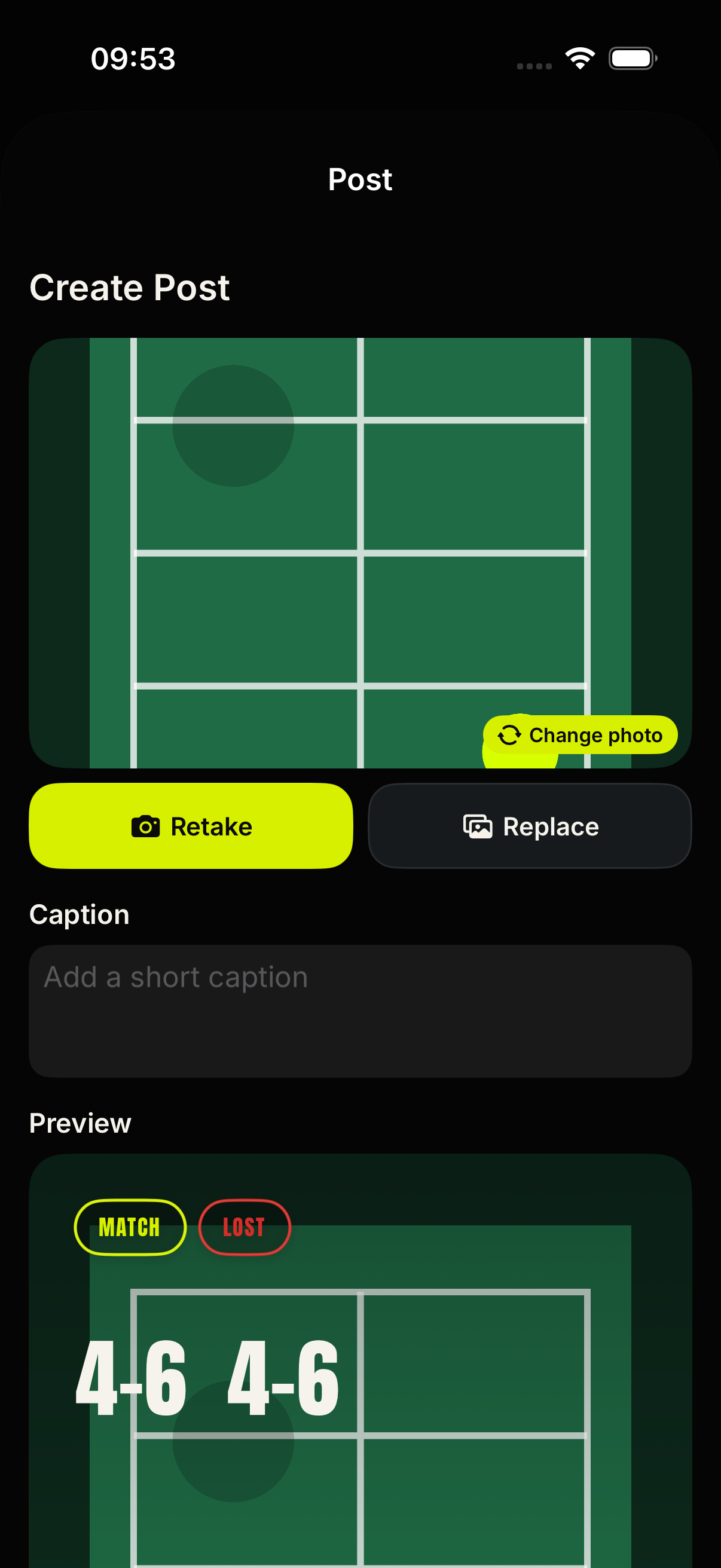 Tennis Caddy post composer with a session card preview