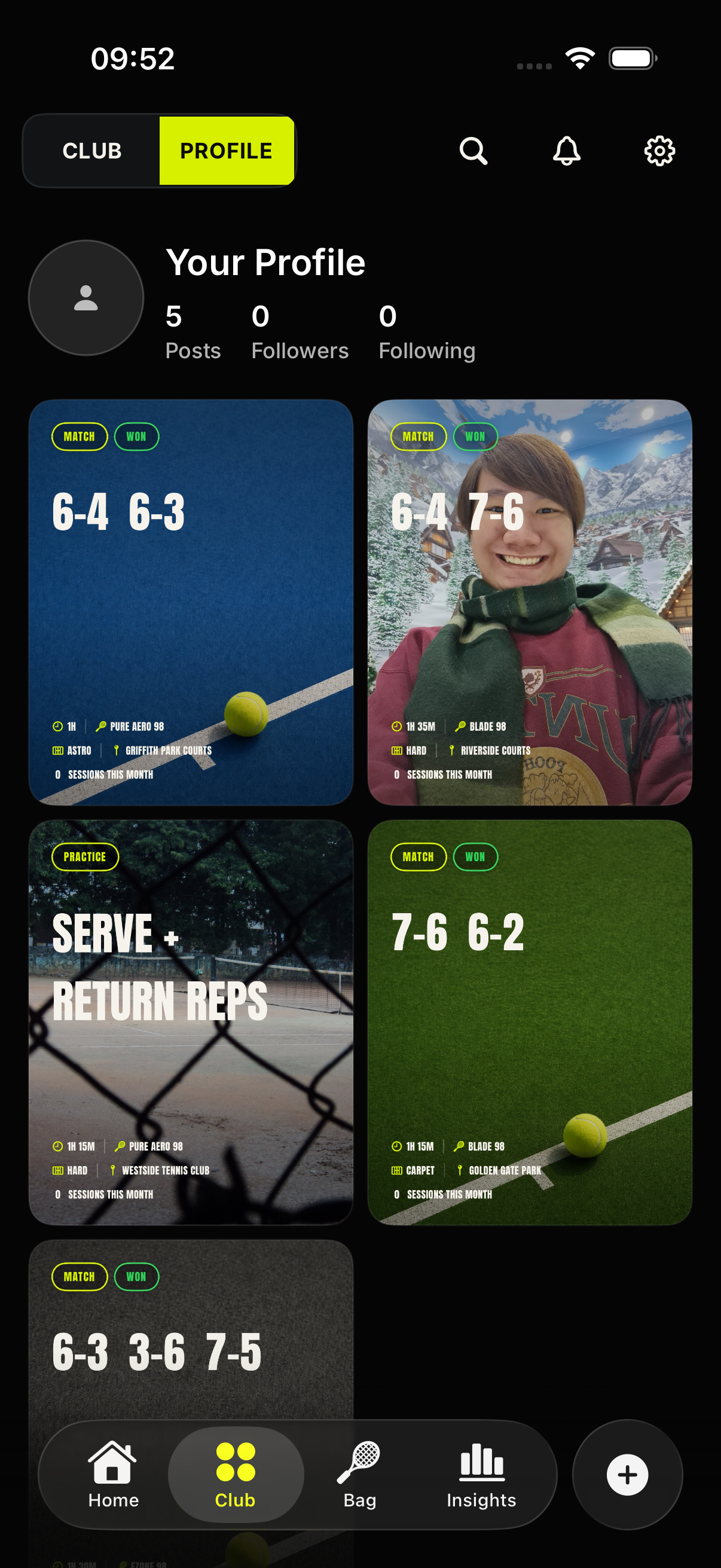 Tennis Caddy social profile with stats and post grid