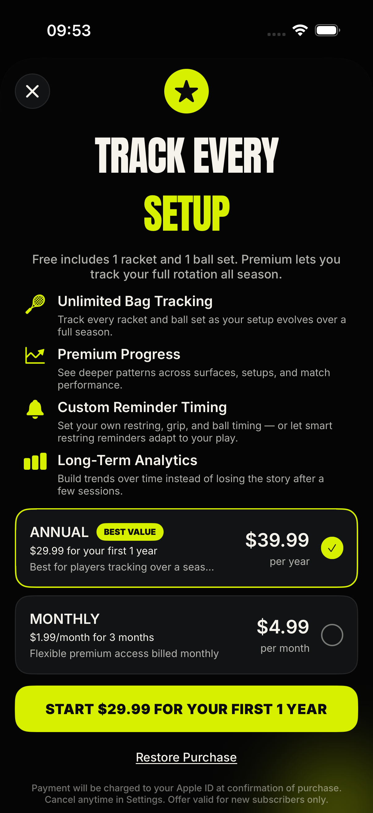 Tennis Caddy in-app Premium paywall with monthly and annual plans